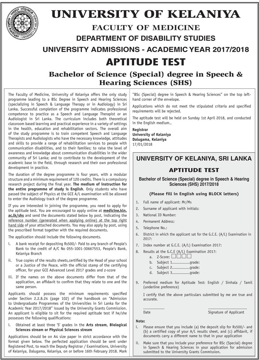 Bachelor of Science (Special) Degree in Speech & Hearing Sciences (SHS) - Department of Disability Studies - University of Kelaniya